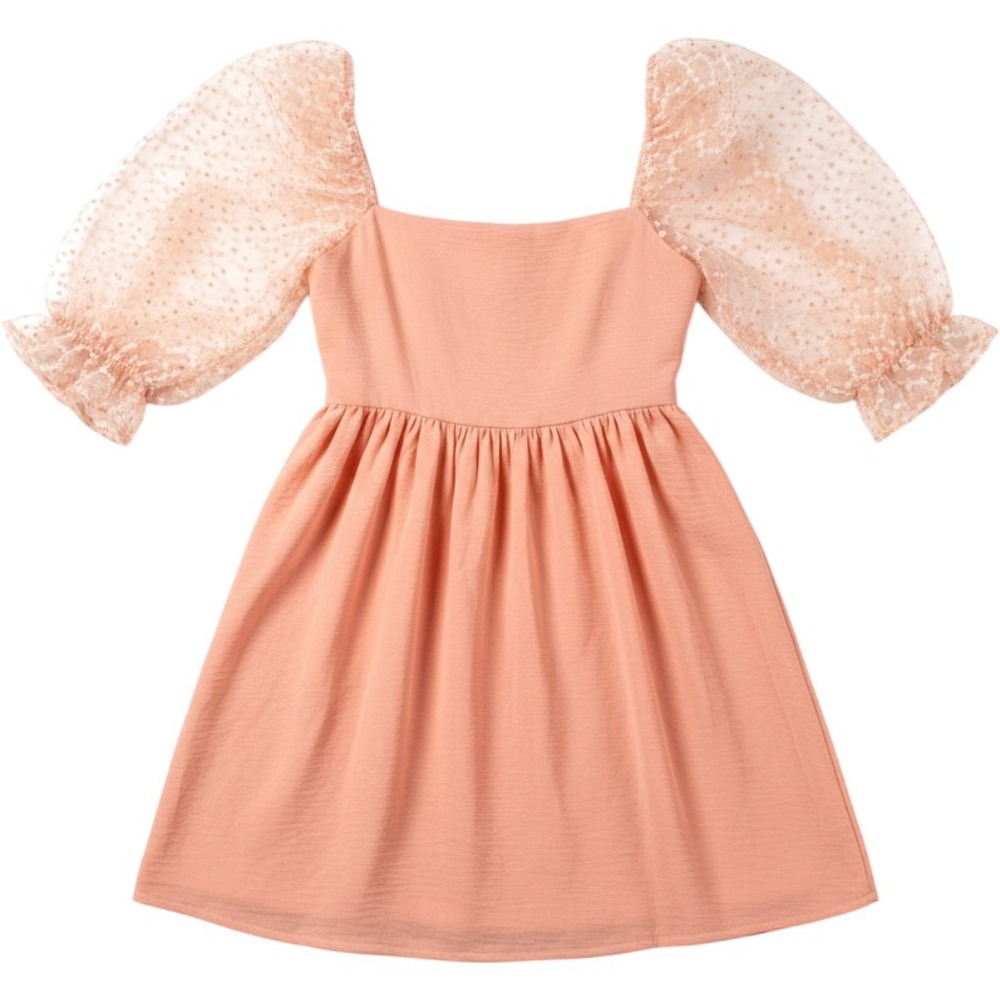 Umgee USA Peach Coral Lace Puff Sleeve Smocked Babydoll Top Small